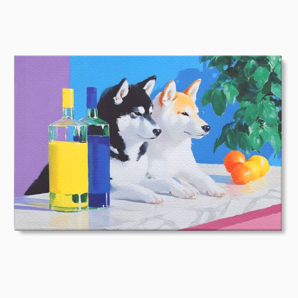 Tablou canvas cu pictura cu doi catei si sticle, fara rama, pe sasiu de lemn
