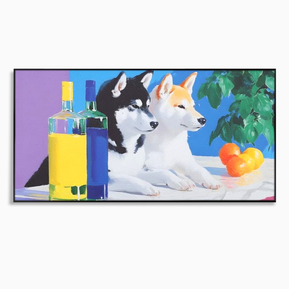 Tablou canvas cu pictura cu doi catei si sticle, in rama de aluminiu negru