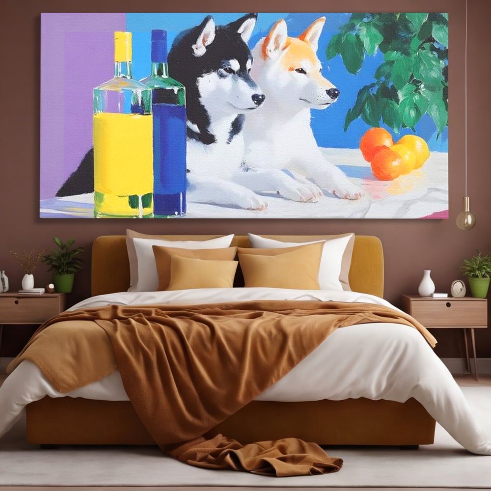 Tablou canvas cu pictura cu doi catei si sticle, fara rama, pe sasiu de lemn, pe perete intr-un dormitor