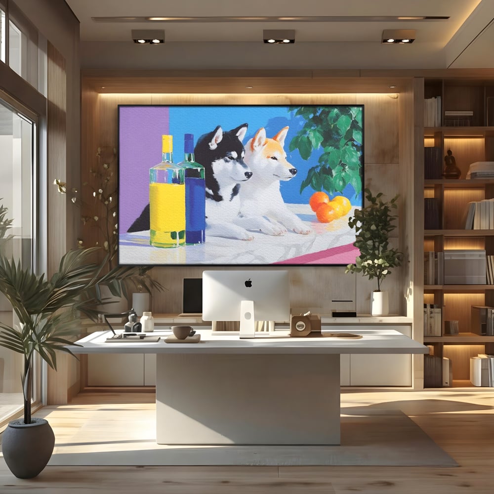 Tablou canvas cu pictura cu doi catei si sticle, in rama de aluminiu negru, pe perete intr-un birou