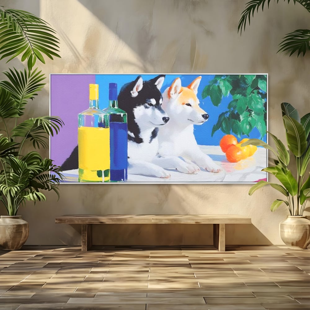Tablou canvas cu pictura cu doi catei si sticle, in rama de aluminiu argintiu