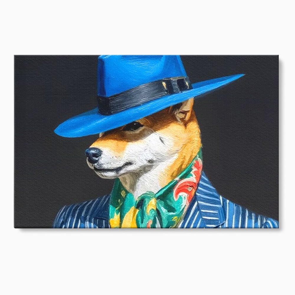 Tablou canvas cu pictura cu caine in costum si palarie, fara rama, pe sasiu de lemn