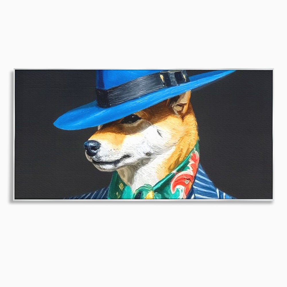 Tablou canvas cu pictura cu caine in costum si palarie, in rama de aluminiu argintiu