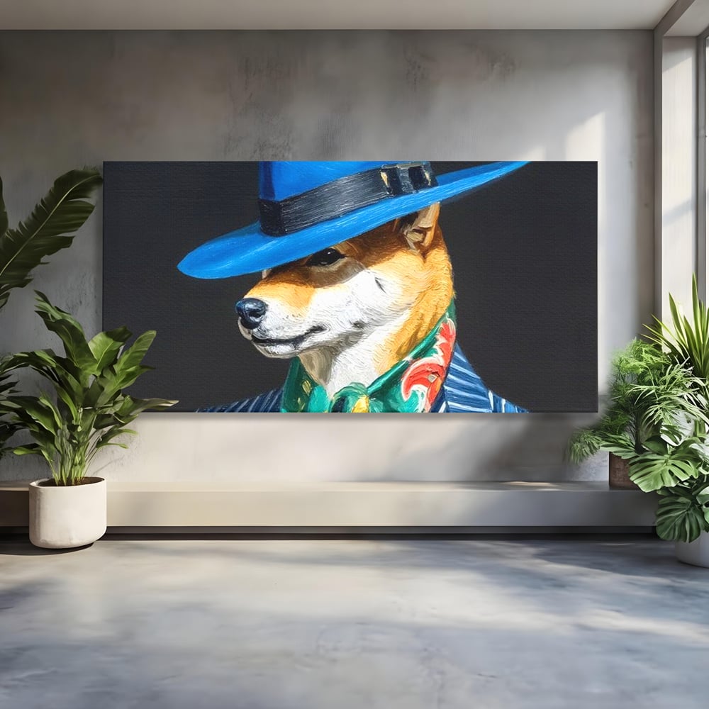 Tablou canvas cu pictura cu caine in costum si palarie, fara rama, pe sasiu de lemn