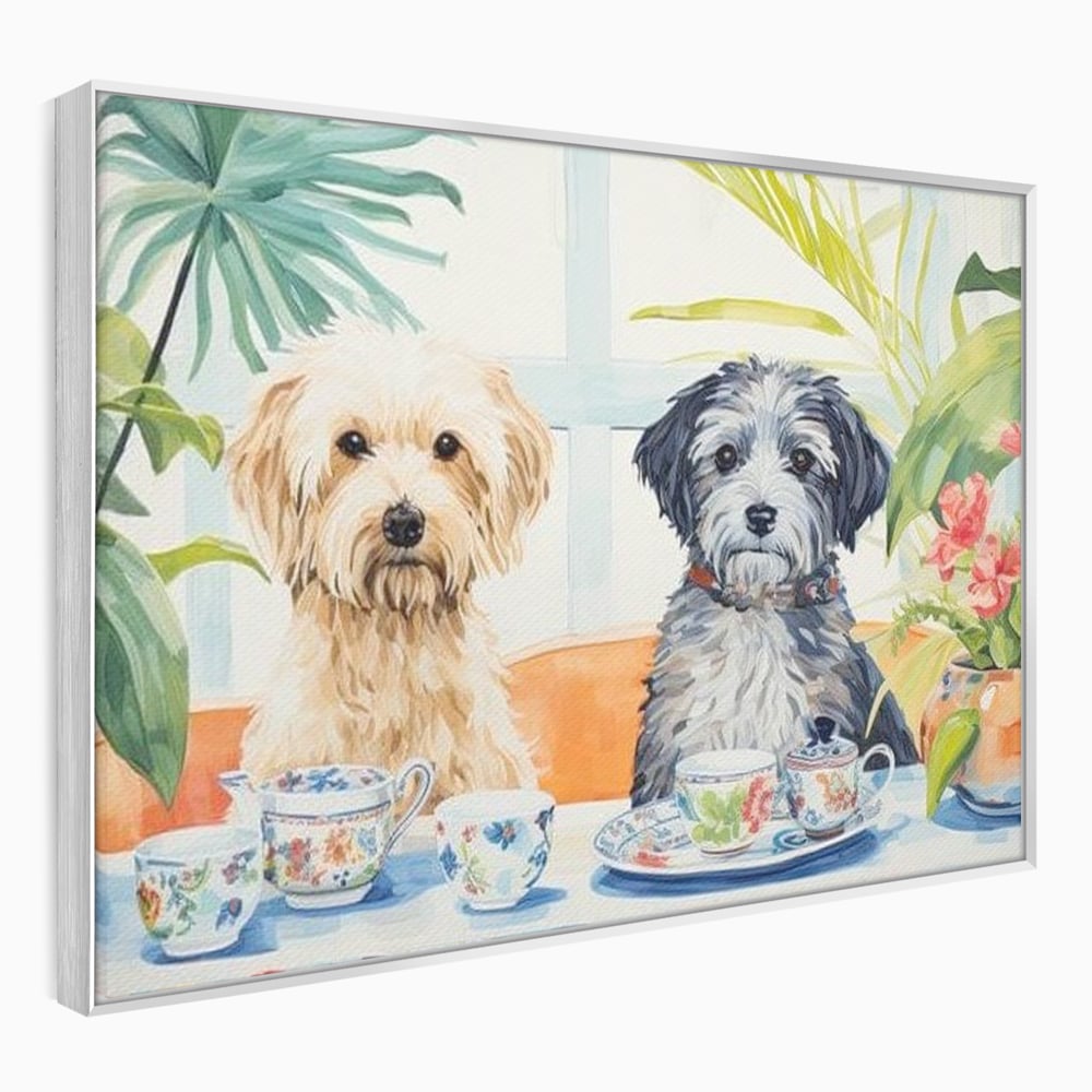 Tablou canvas cu pictura cu doi catei la ceai, in rama de aluminiu argintiu
