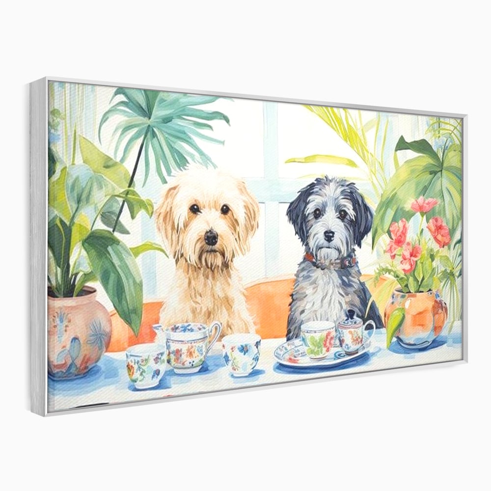 Tablou canvas cu pictura cu doi catei la ceai, in rama de aluminiu argintiu