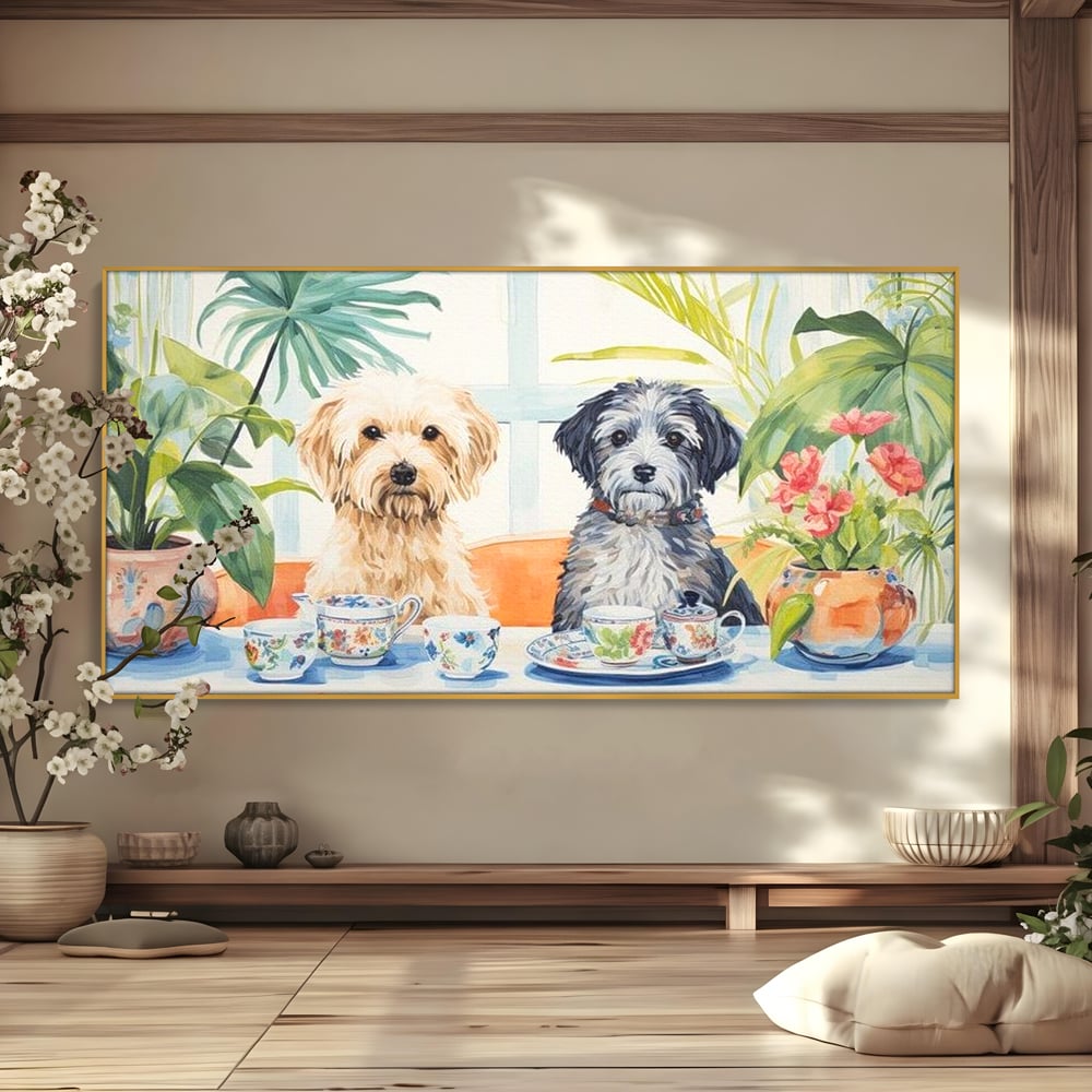 Tablou canvas cu pictura cu doi catei la ceai, in rama de aluminiu auriu