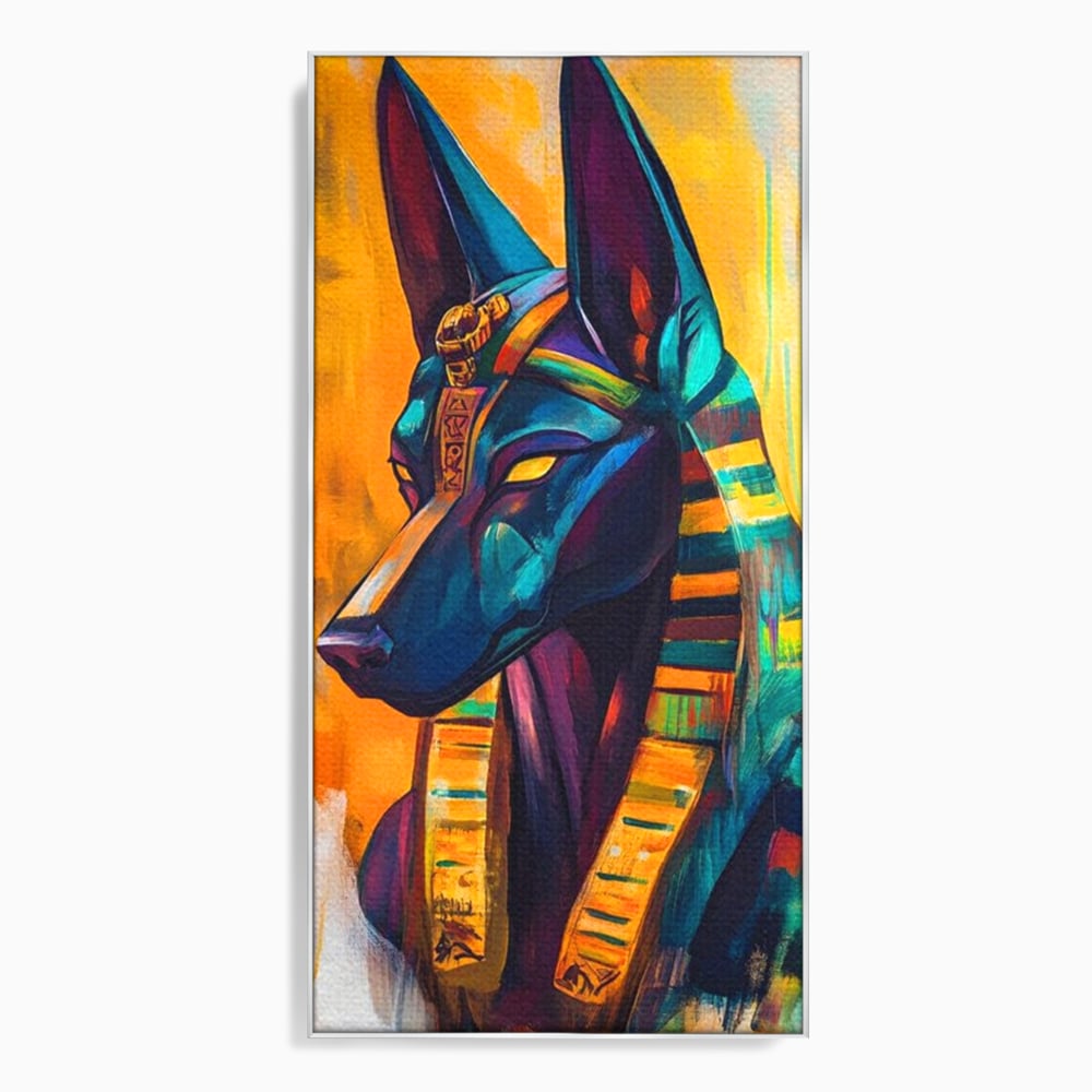 Tablou canvas cu tablou canvas cu zeul egiptean anubis, in rama de aluminiu argintiu