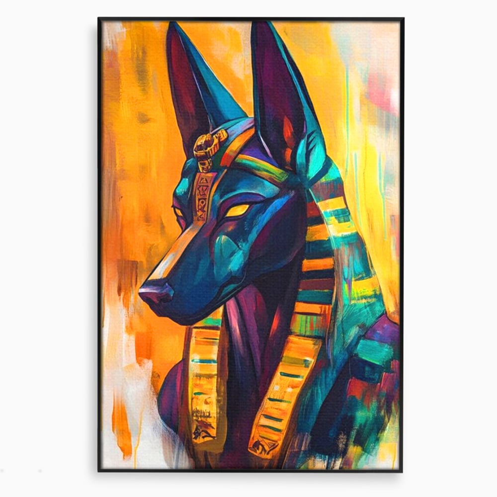 Tablou canvas cu tablou canvas cu zeul egiptean anubis, in rama de aluminiu negru