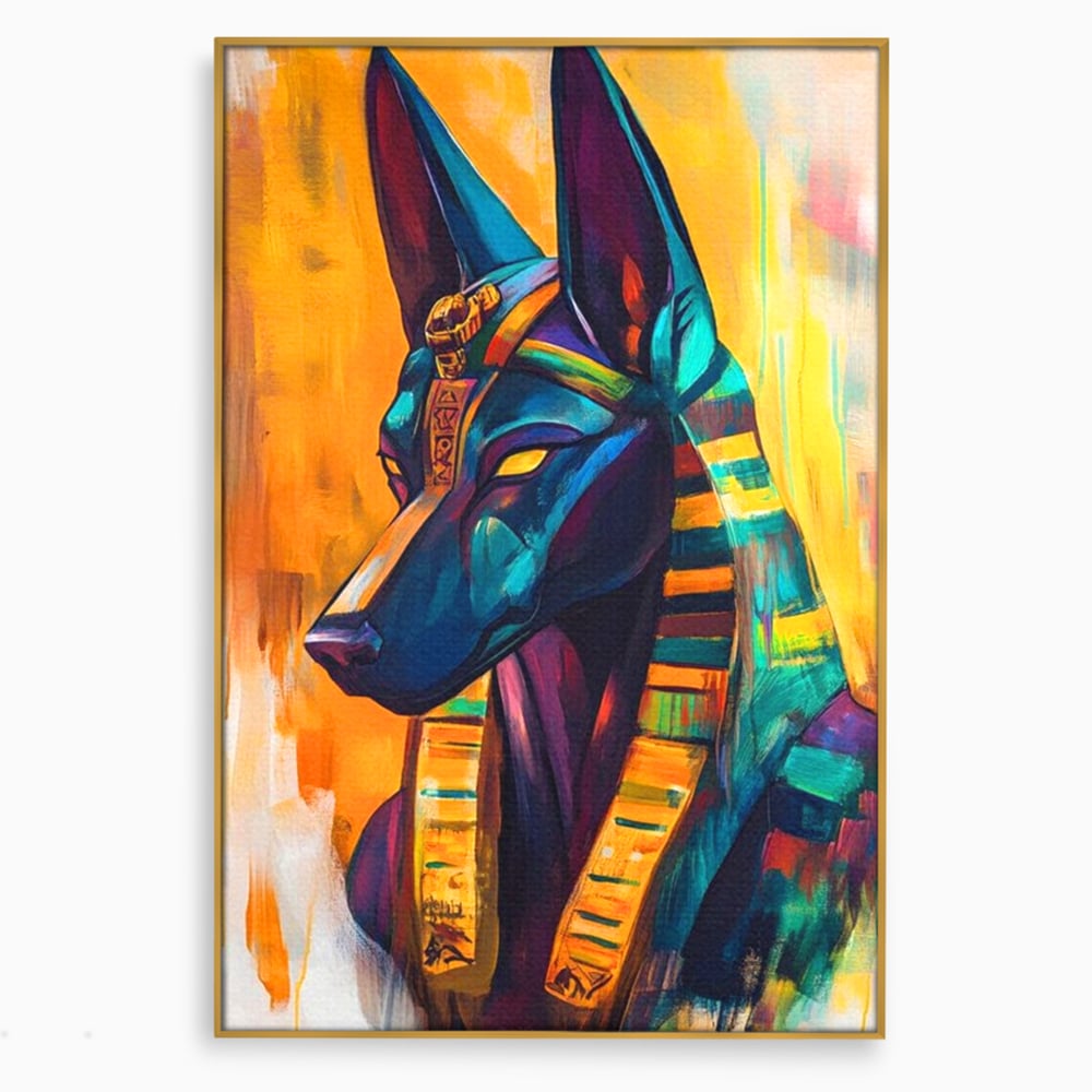 Tablou canvas cu tablou canvas cu zeul egiptean anubis, in rama de aluminiu auriu