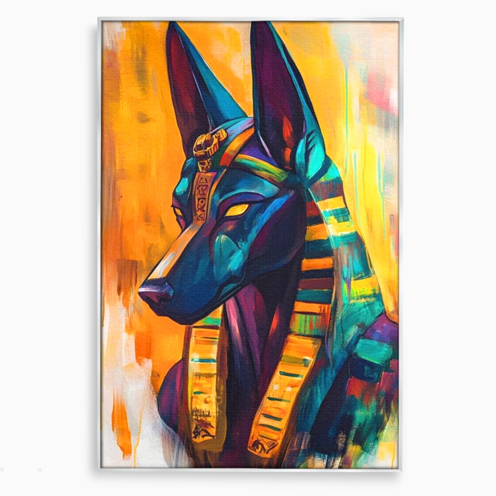 Tablou canvas cu tablou canvas cu zeul egiptean anubis, in rama de aluminiu argintiu
