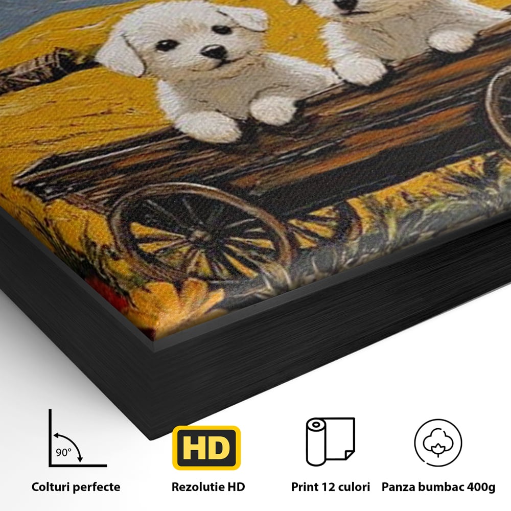 Detaliu al suprafetei: tablou canvas cu catei in caruta si maci, in rama de aluminiu negru