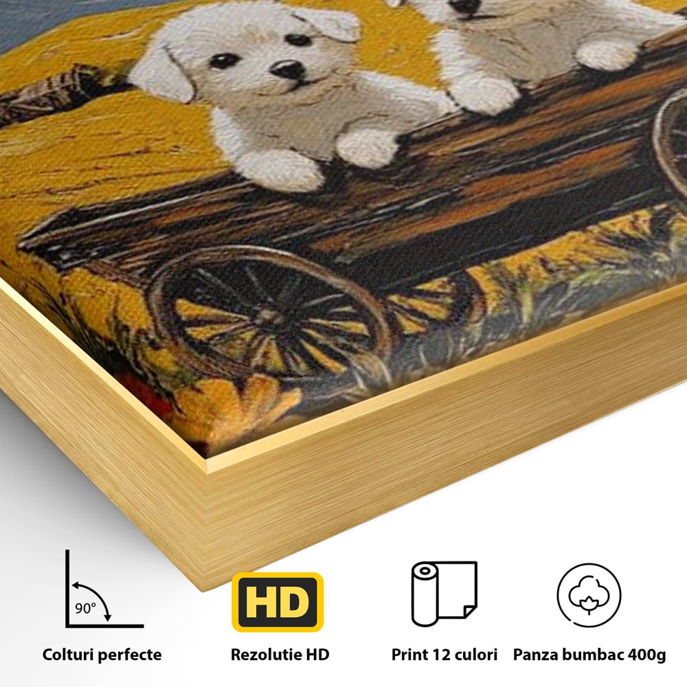 Detaliu al suprafetei: tablou canvas cu catei in caruta si maci, in rama de aluminiu auriu