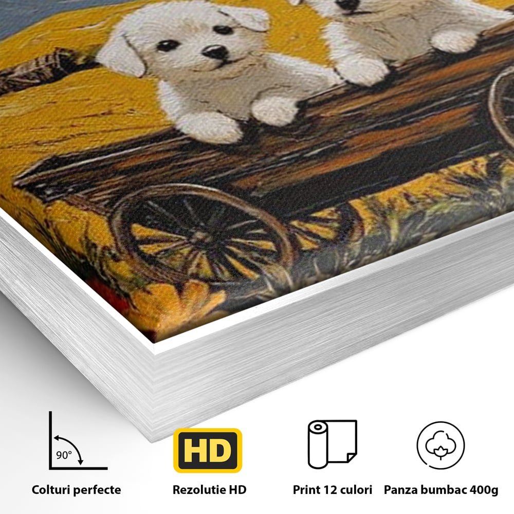 Detaliu al suprafetei: tablou canvas cu catei in caruta si maci, in rama de aluminiu argintiu