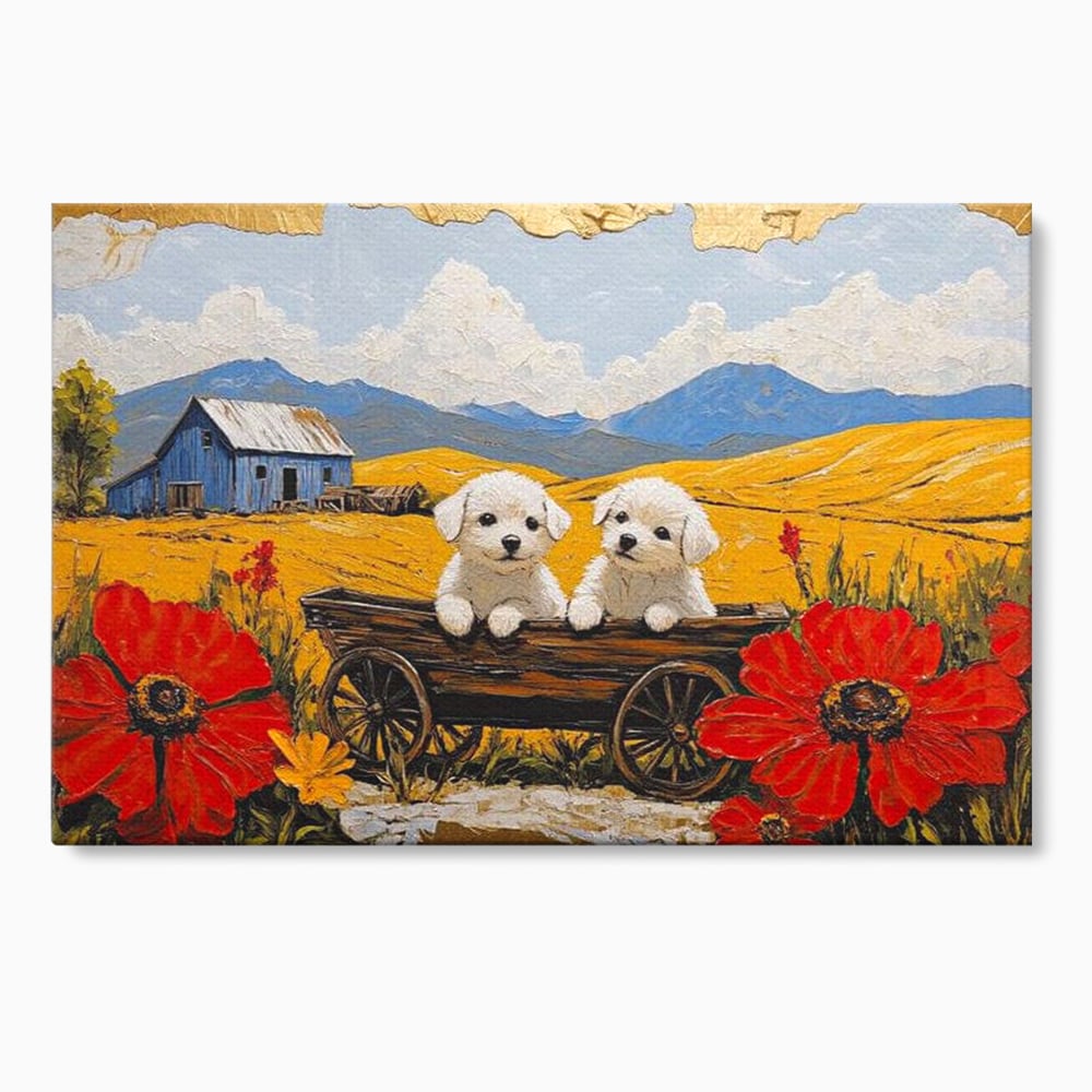 Tablou canvas cu tablou canvas cu catei in caruta si maci, fara rama, pe sasiu de lemn