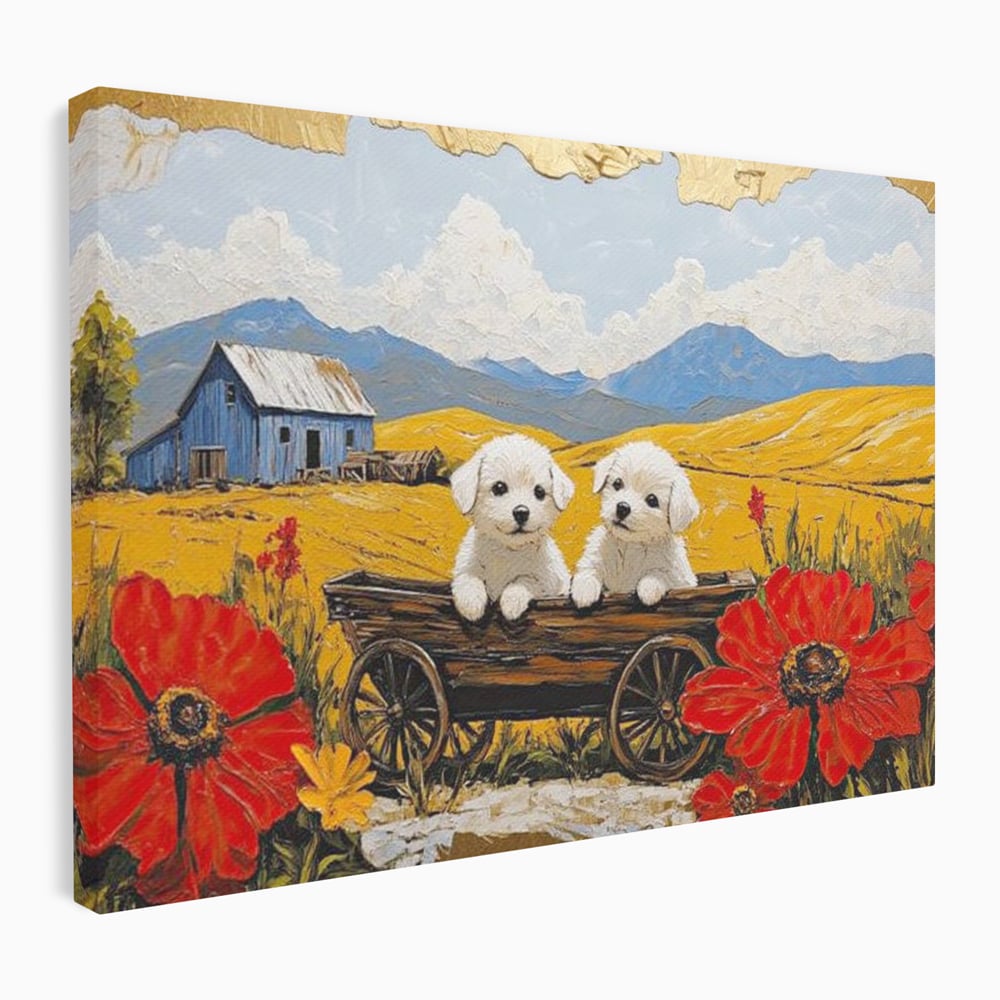 Tablou canvas cu tablou canvas cu catei in caruta si maci, fara rama, pe sasiu de lemn