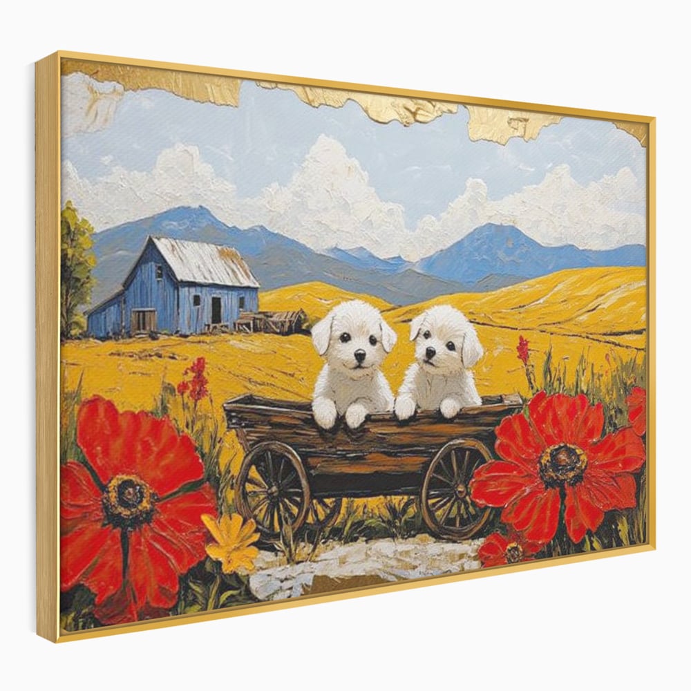 Tablou canvas cu tablou canvas cu catei in caruta si maci, in rama de aluminiu auriu