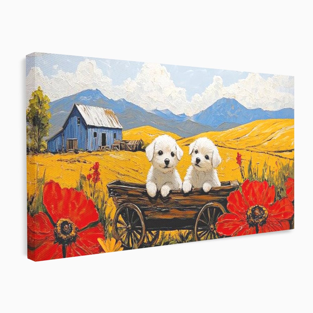 Tablou canvas cu tablou canvas cu catei in caruta si maci, fara rama, pe sasiu de lemn