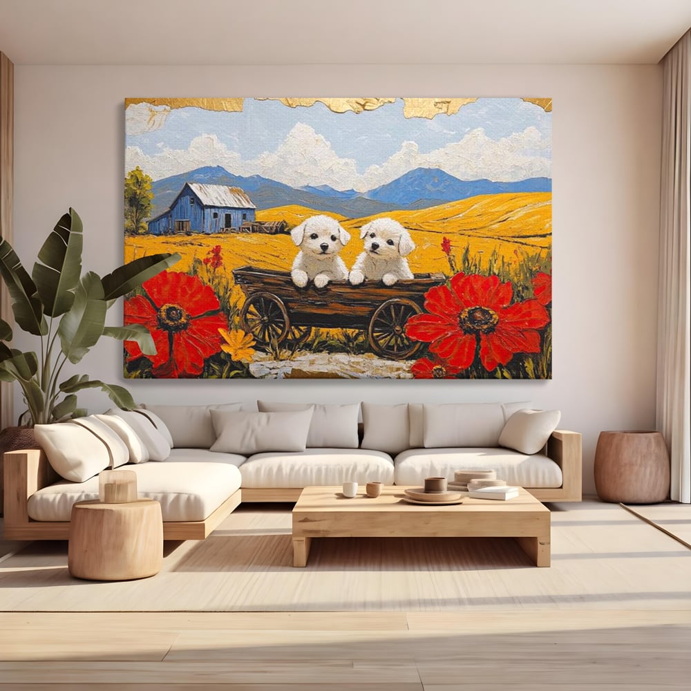 Tablou canvas cu tablou canvas cu catei in caruta si maci, fara rama, pe sasiu de lemn, pe perete intr-un living