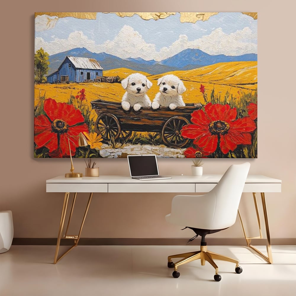 Tablou canvas cu tablou canvas cu catei in caruta si maci, fara rama, pe sasiu de lemn, pe perete intr-un birou