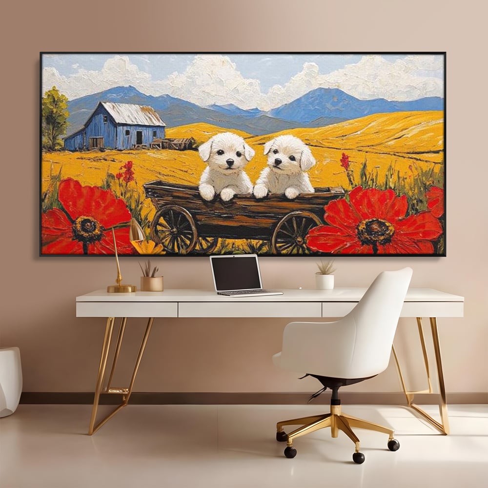 Tablou canvas cu tablou canvas cu catei in caruta si maci, in rama de aluminiu negru, pe perete intr-un birou