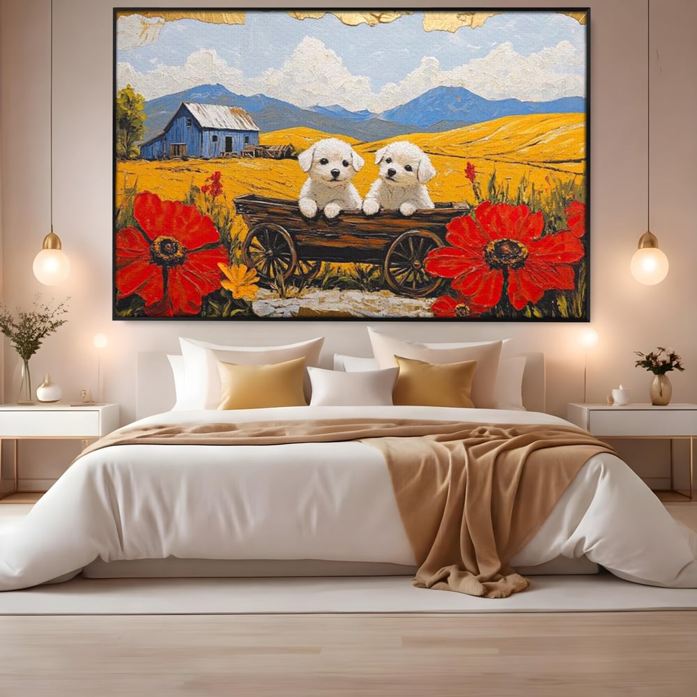 Tablou canvas cu tablou canvas cu catei in caruta si maci, in rama de aluminiu negru, pe perete intr-un dormitor