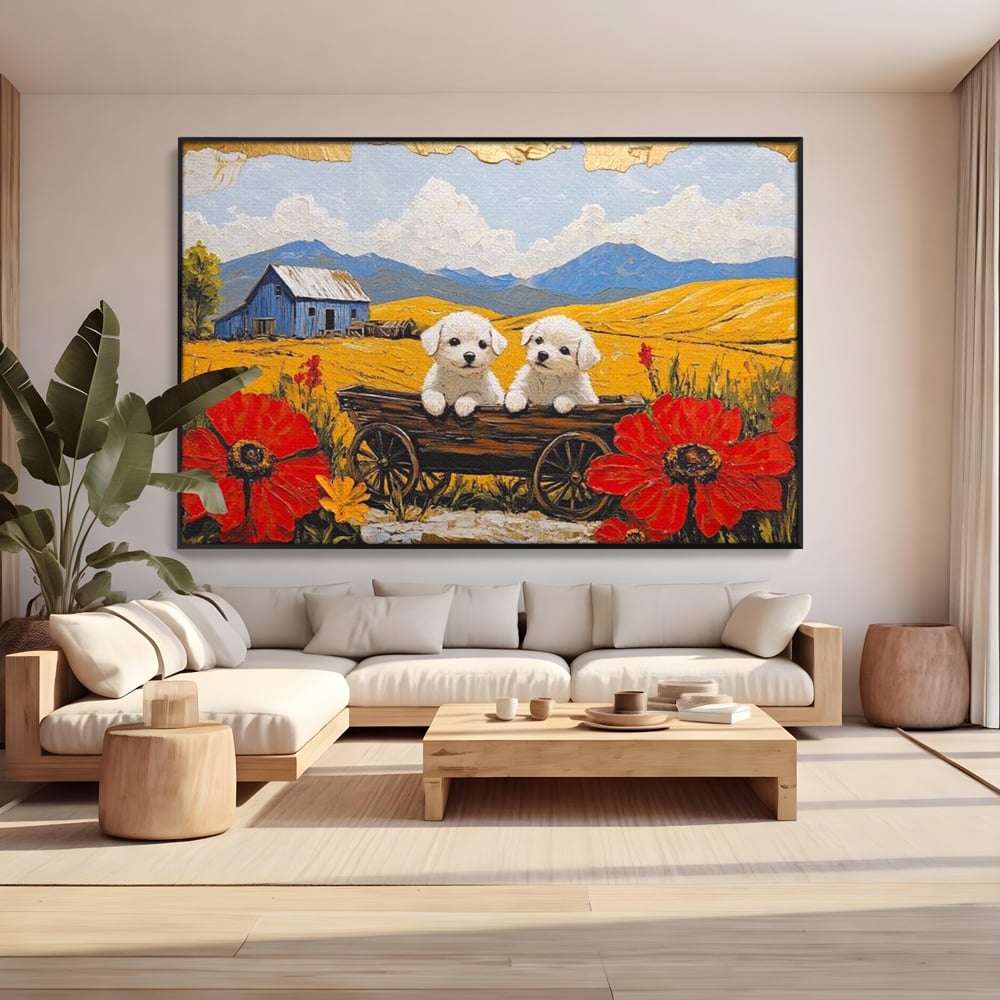 Tablou canvas cu tablou canvas cu catei in caruta si maci, in rama de aluminiu negru, pe perete intr-un living