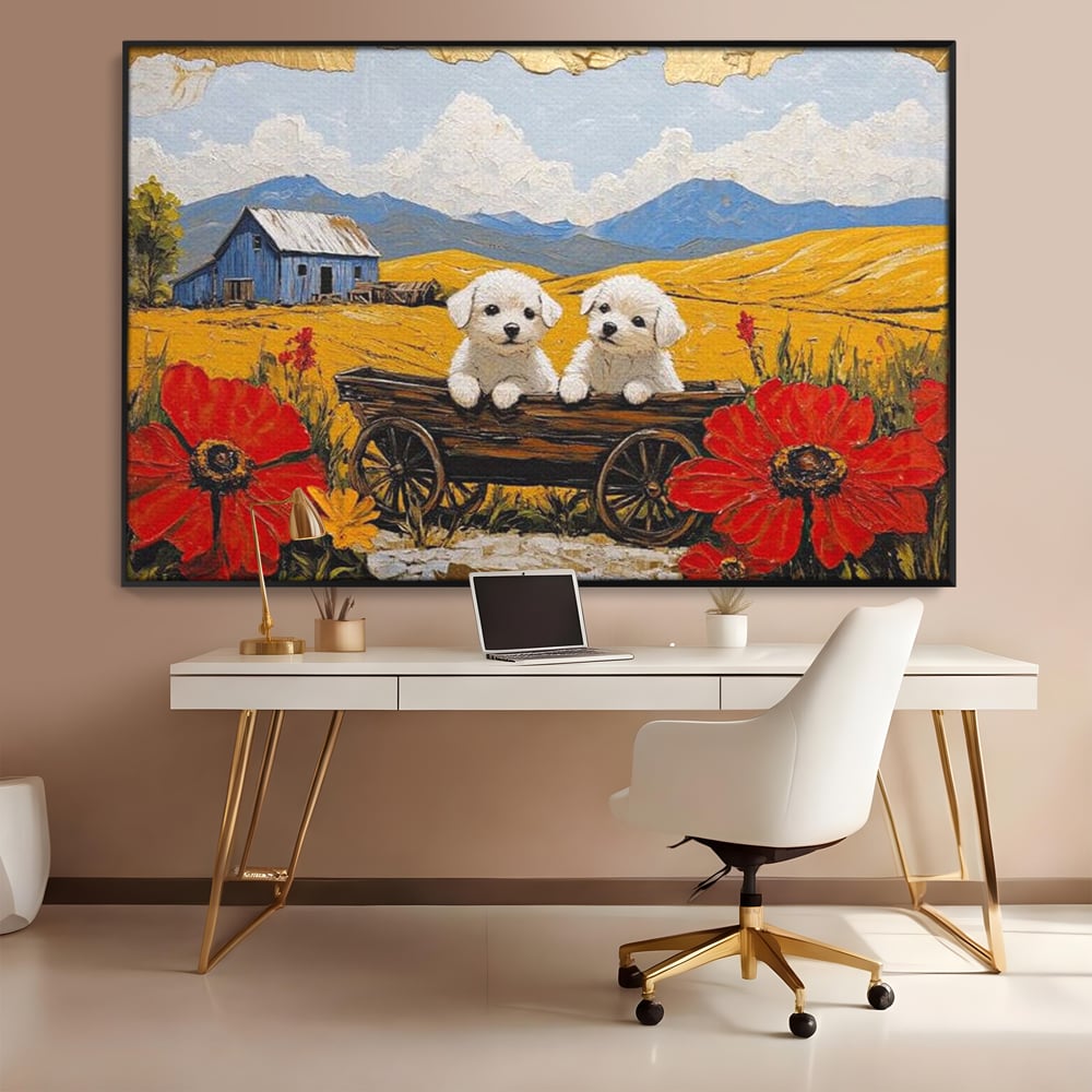 Tablou canvas cu tablou canvas cu catei in caruta si maci, in rama de aluminiu negru, pe perete intr-un birou