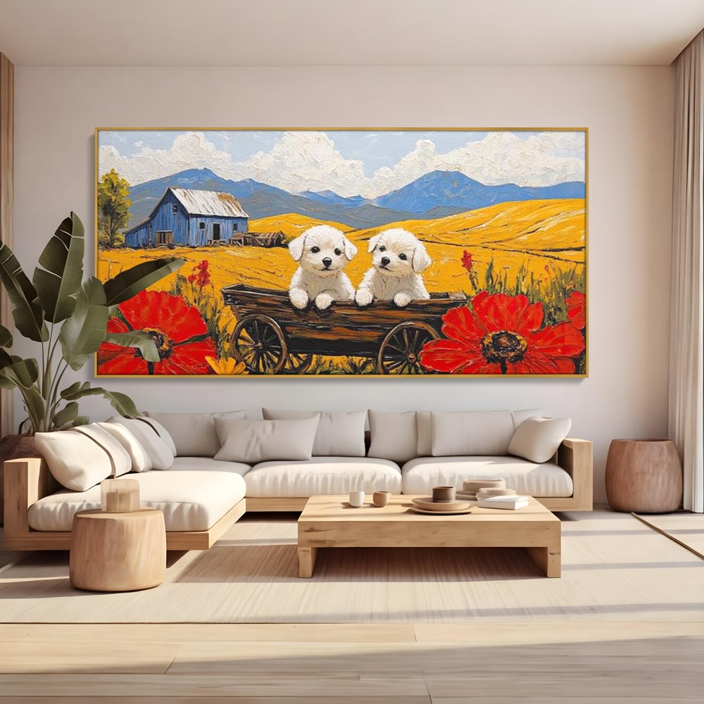 Tablou canvas cu tablou canvas cu catei in caruta si maci, in rama de aluminiu auriu, pe perete intr-un living