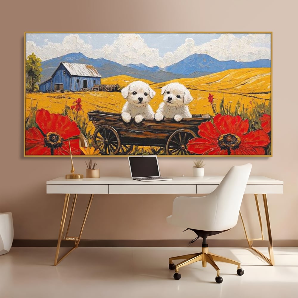 Tablou canvas cu tablou canvas cu catei in caruta si maci, in rama de aluminiu auriu, pe perete intr-un birou