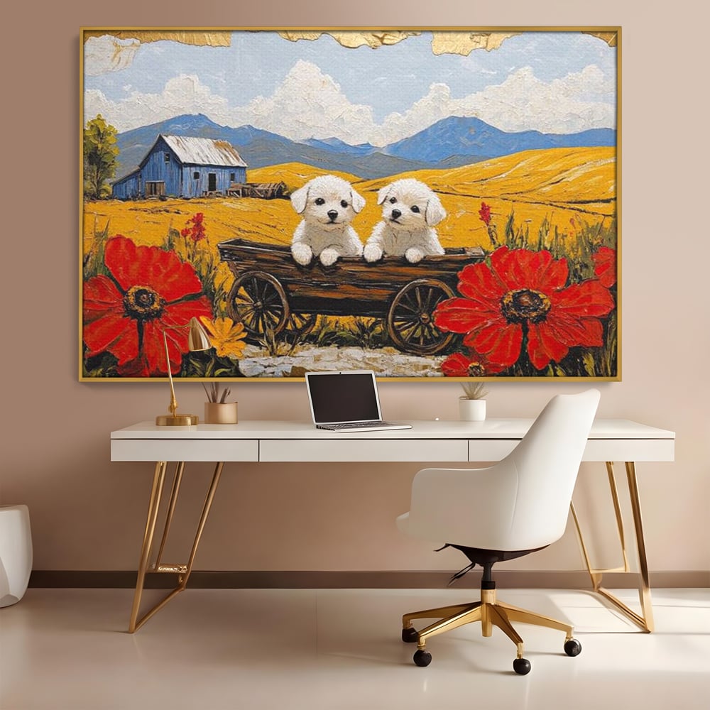 Tablou canvas cu tablou canvas cu catei in caruta si maci, in rama de aluminiu auriu, pe perete intr-un birou