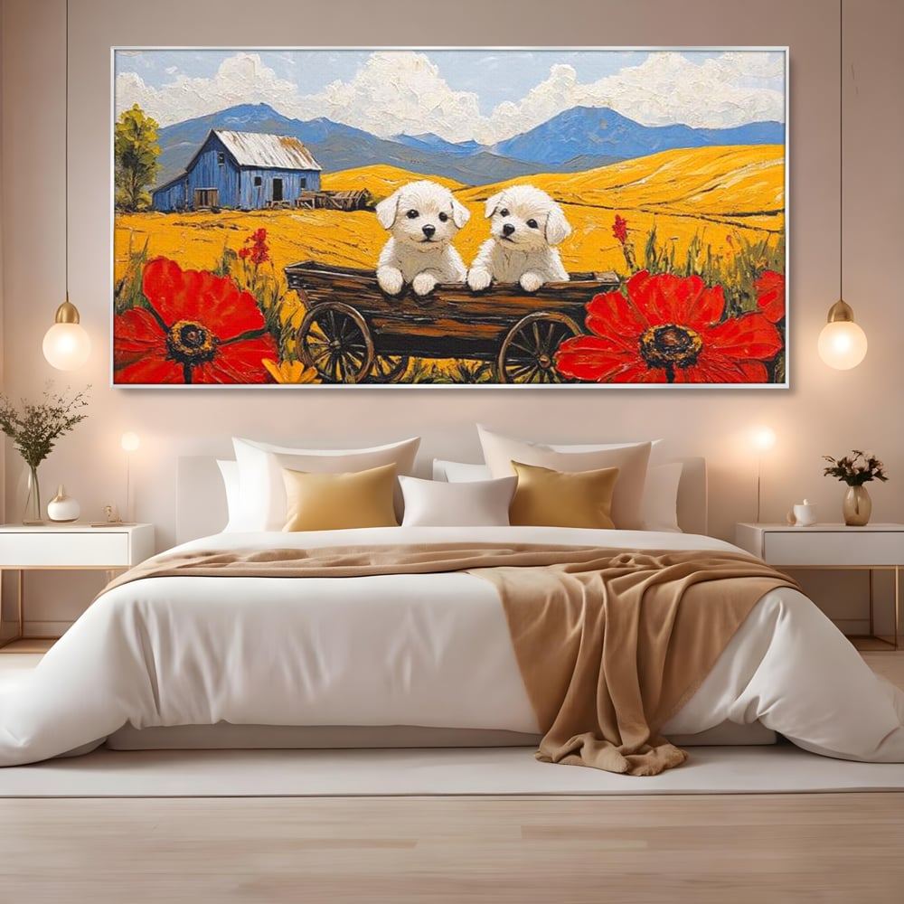 Tablou canvas cu tablou canvas cu catei in caruta si maci, in rama de aluminiu argintiu, pe perete intr-un dormitor