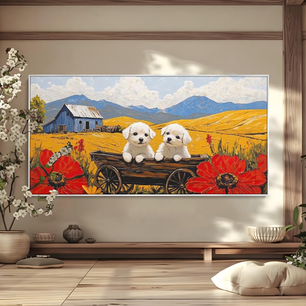 Tablou canvas cu tablou canvas cu catei in caruta si maci, in rama de aluminiu argintiu