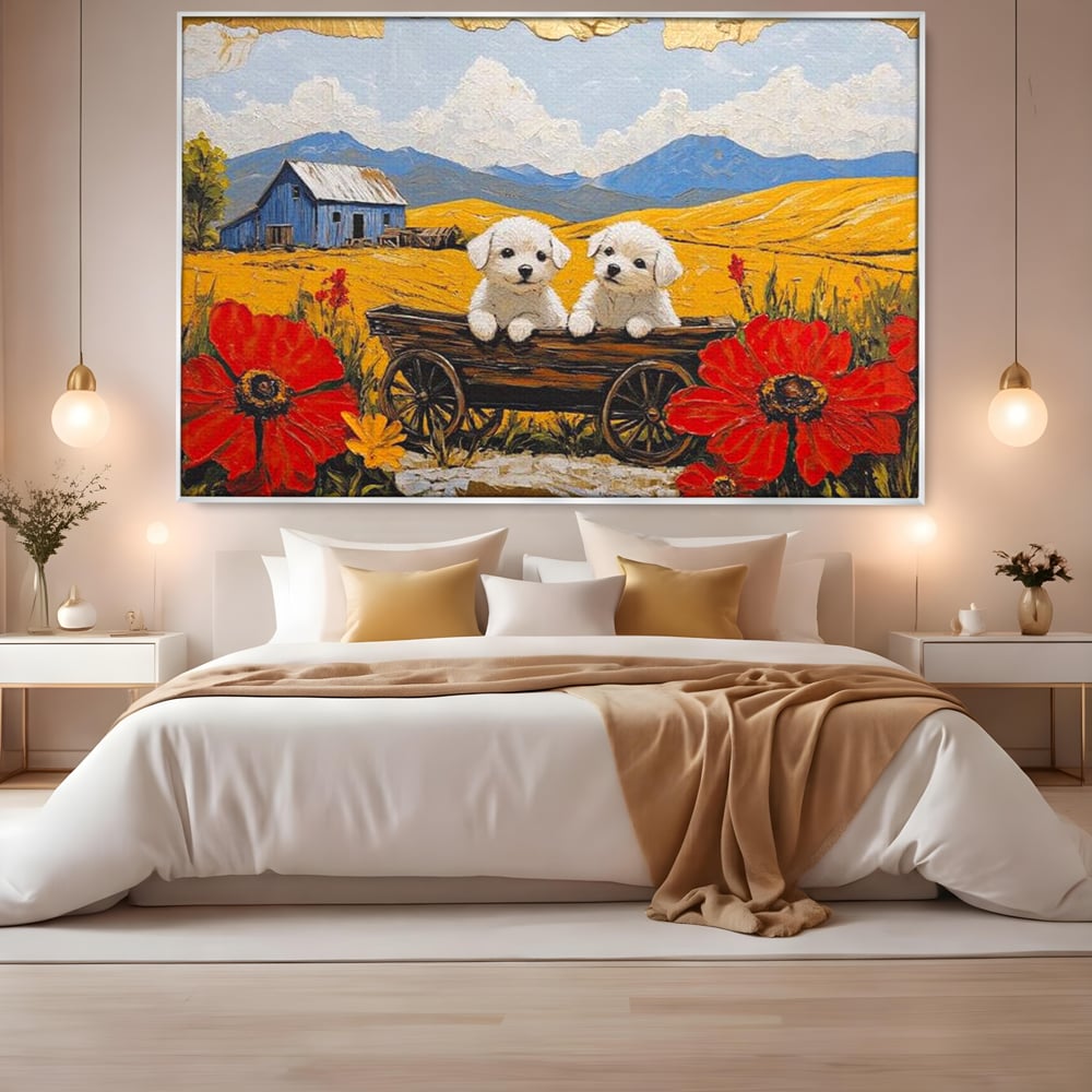 Tablou canvas cu tablou canvas cu catei in caruta si maci, in rama de aluminiu argintiu, pe perete intr-un dormitor