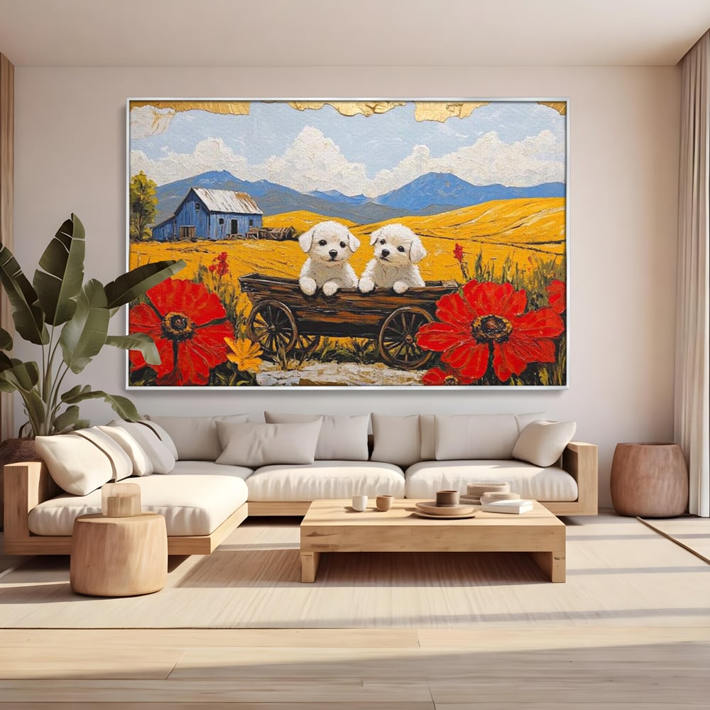 Tablou canvas cu tablou canvas cu catei in caruta si maci, in rama de aluminiu argintiu, pe perete intr-un living