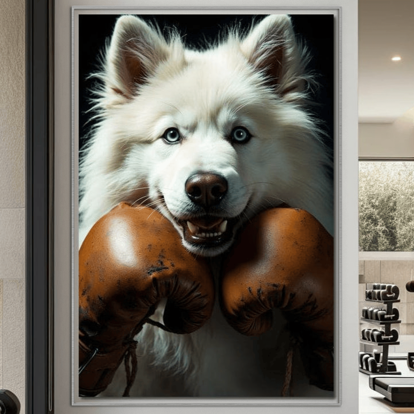 Tablou Canvas Premium, LuxCanva® M1286, Spirit de Luptator, Samoyed, Caine, Husky, Alb, Pufos, Manusi, Box, Sport, Energie, Campion, Adorabil, Curaj, Atitudine, Birou, Living, Camera Copil