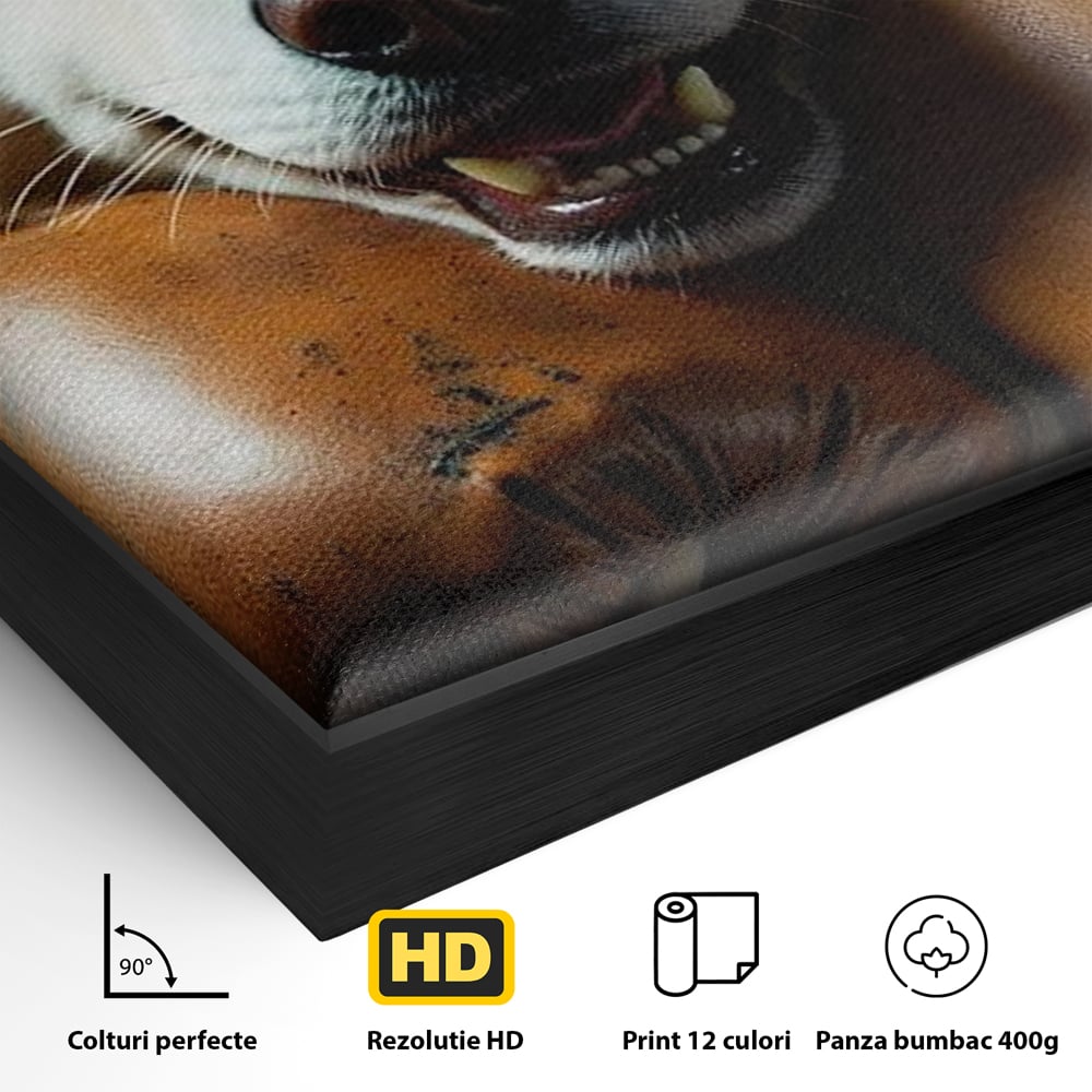 Detaliu al suprafetei: tablou canvas cu caine alb si manusi de box, in rama de aluminiu negru