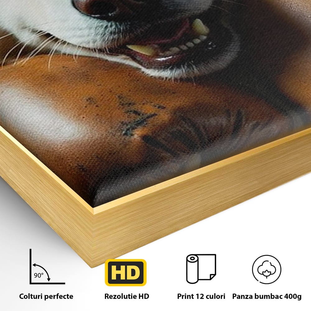 Detaliu al suprafetei: tablou canvas cu caine alb si manusi de box, in rama de aluminiu auriu