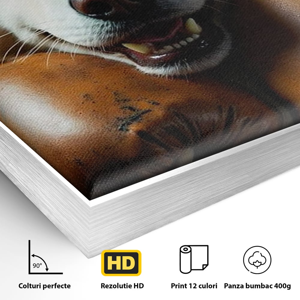 Detaliu al suprafetei: tablou canvas cu caine alb si manusi de box, in rama de aluminiu argintiu