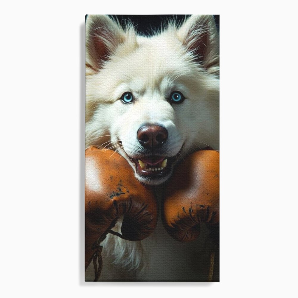 Tablou canvas cu tablou canvas cu caine alb si manusi de box, fara rama, pe sasiu de lemn