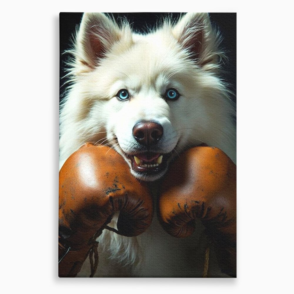 Tablou canvas cu tablou canvas cu caine alb si manusi de box, fara rama, pe sasiu de lemn
