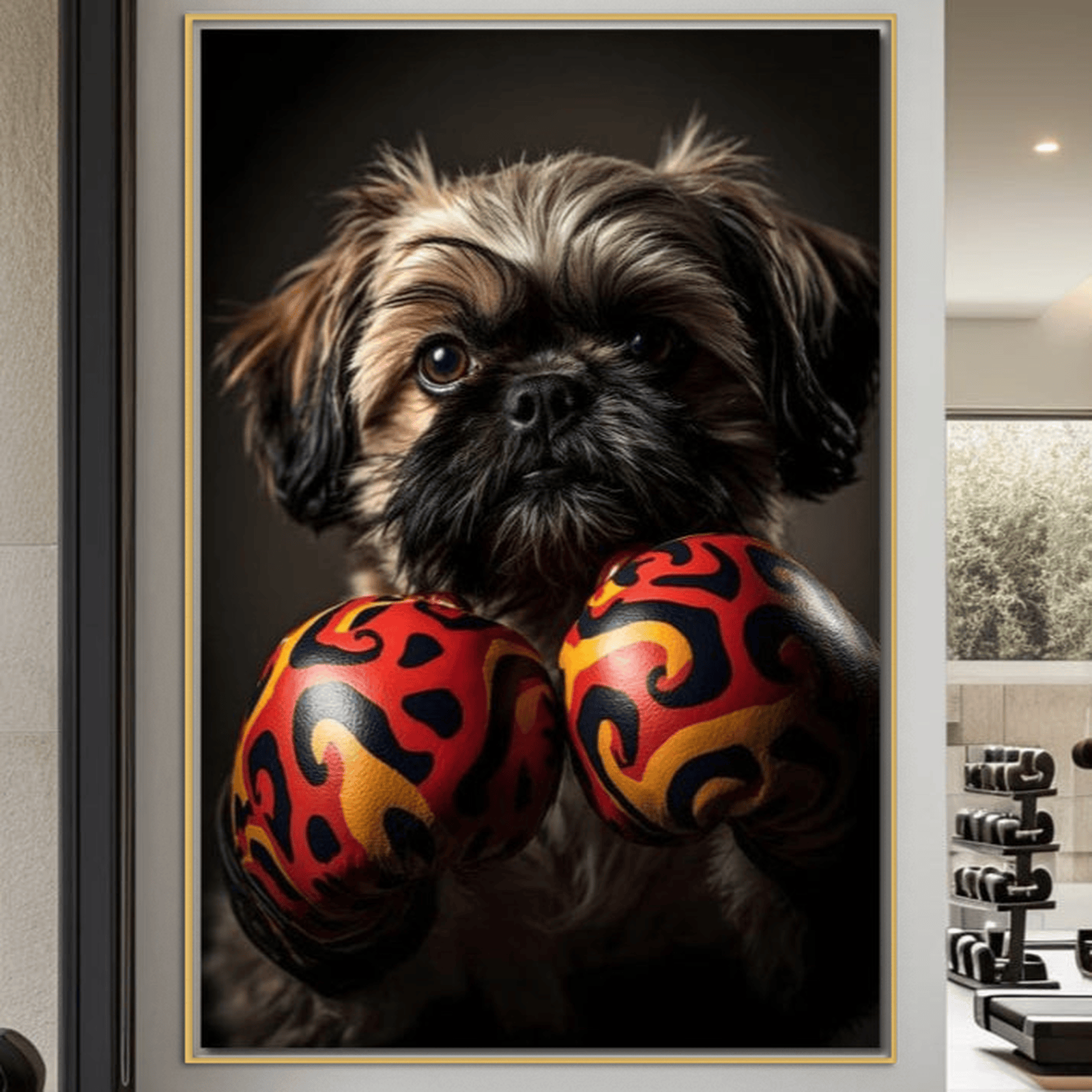 Tablou Canvas Premium, LuxCanva® M1287, Flacara din Ring, Provocare, Boxer, Knockout, Ring, Puternic, Catel, Pufos, Dragalas, Manusi, Curaj, Sport, Birou, Living, Camera Copil