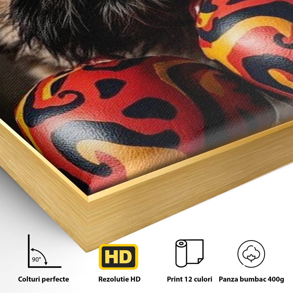 Detaliu al suprafetei: tablou canvas cu catel purtand manusi de box, in rama de aluminiu auriu