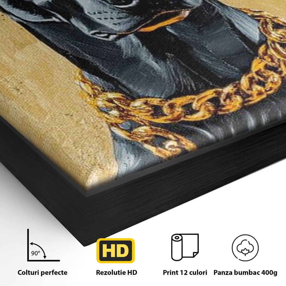 Detaliu al suprafetei: tablou canvas cu doberman negru, in rama de aluminiu negru