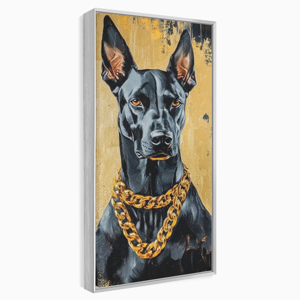 Tablou canvas cu tablou canvas cu doberman negru, in rama de aluminiu argintiu