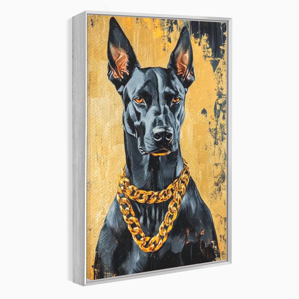 Tablou canvas cu tablou canvas cu doberman negru, in rama de aluminiu argintiu