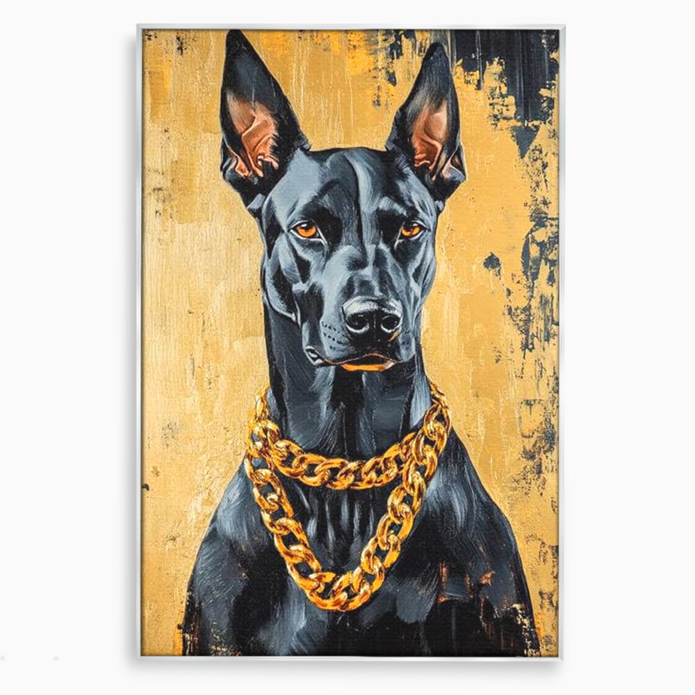 Tablou canvas cu tablou canvas cu doberman negru, in rama de aluminiu argintiu