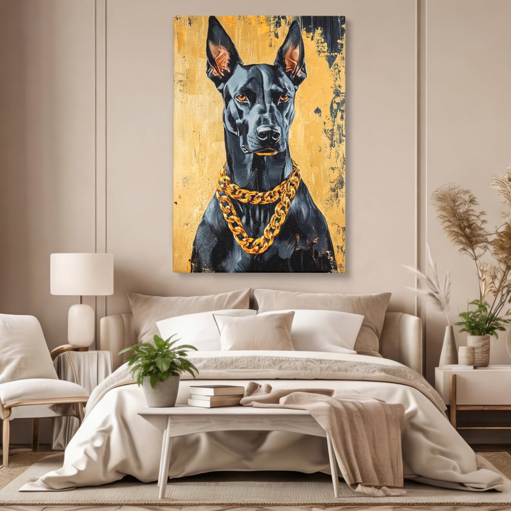 Tablou canvas cu tablou canvas cu doberman negru, fara rama, pe sasiu de lemn, pe perete intr-un dormitor