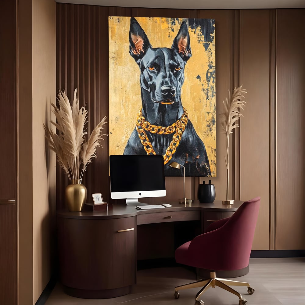 Tablou canvas cu tablou canvas cu doberman negru, fara rama, pe sasiu de lemn, pe perete intr-un birou