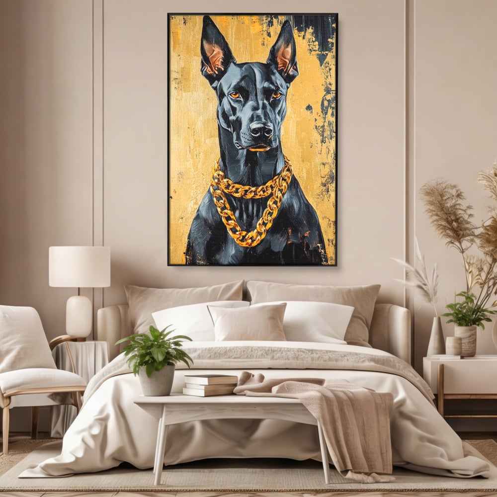 Tablou canvas cu tablou canvas cu doberman negru, in rama de aluminiu negru, pe perete intr-un dormitor